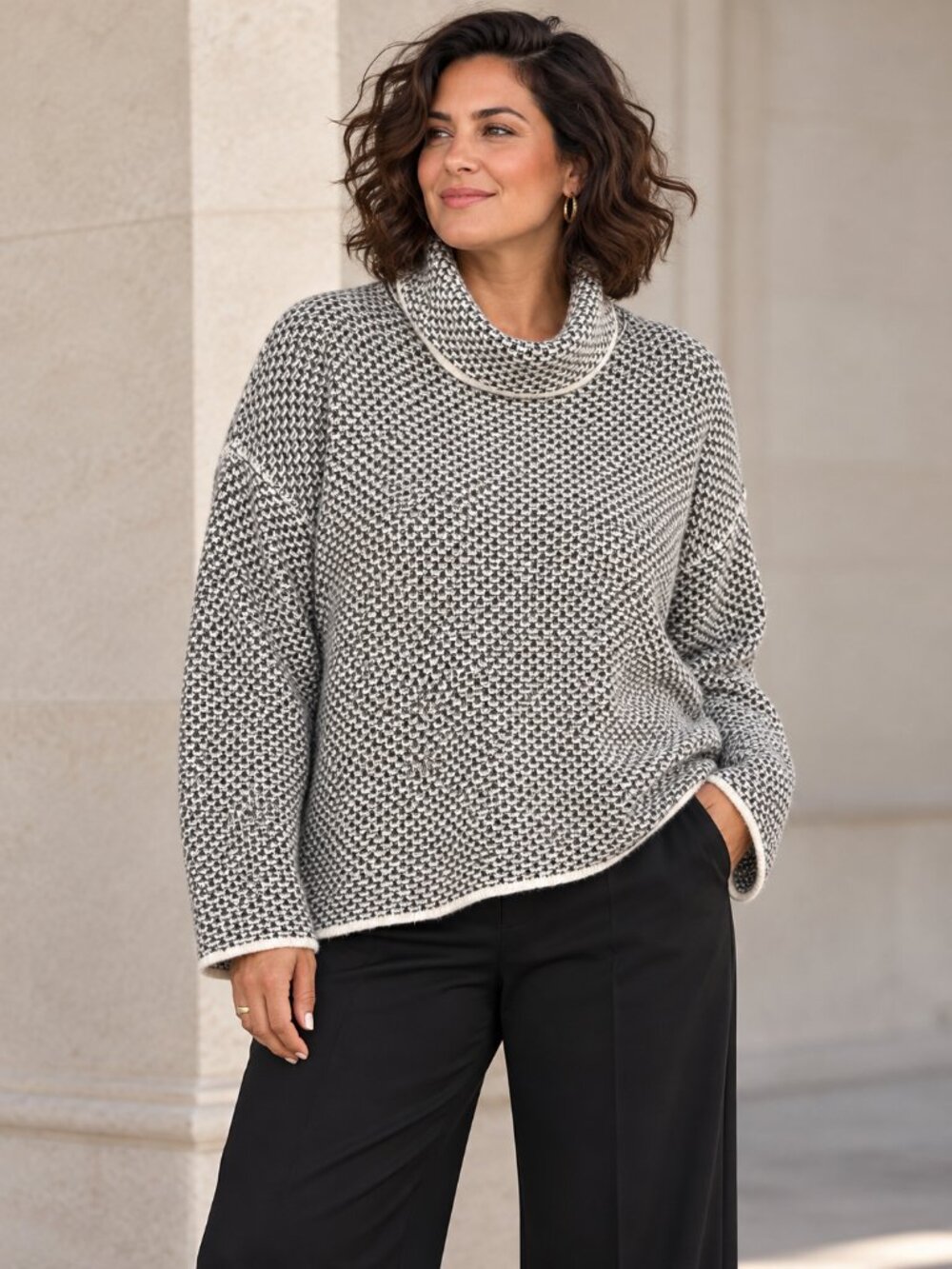 CHRISTIAN SIRIANO Black White Textured Knit Cowl Neck Sweater 1X Minimalist Chic